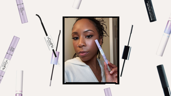 Best Lash Glues a photo of a woman wearing false lashes surrounded by a collage of lash glue products