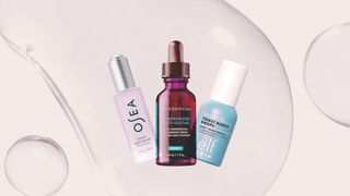 Image contains a collage of hyaluronic acid serums