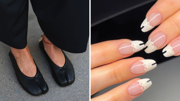 A pair of Tabi shoes is seen next to a manicure inspired by the splittoe design.